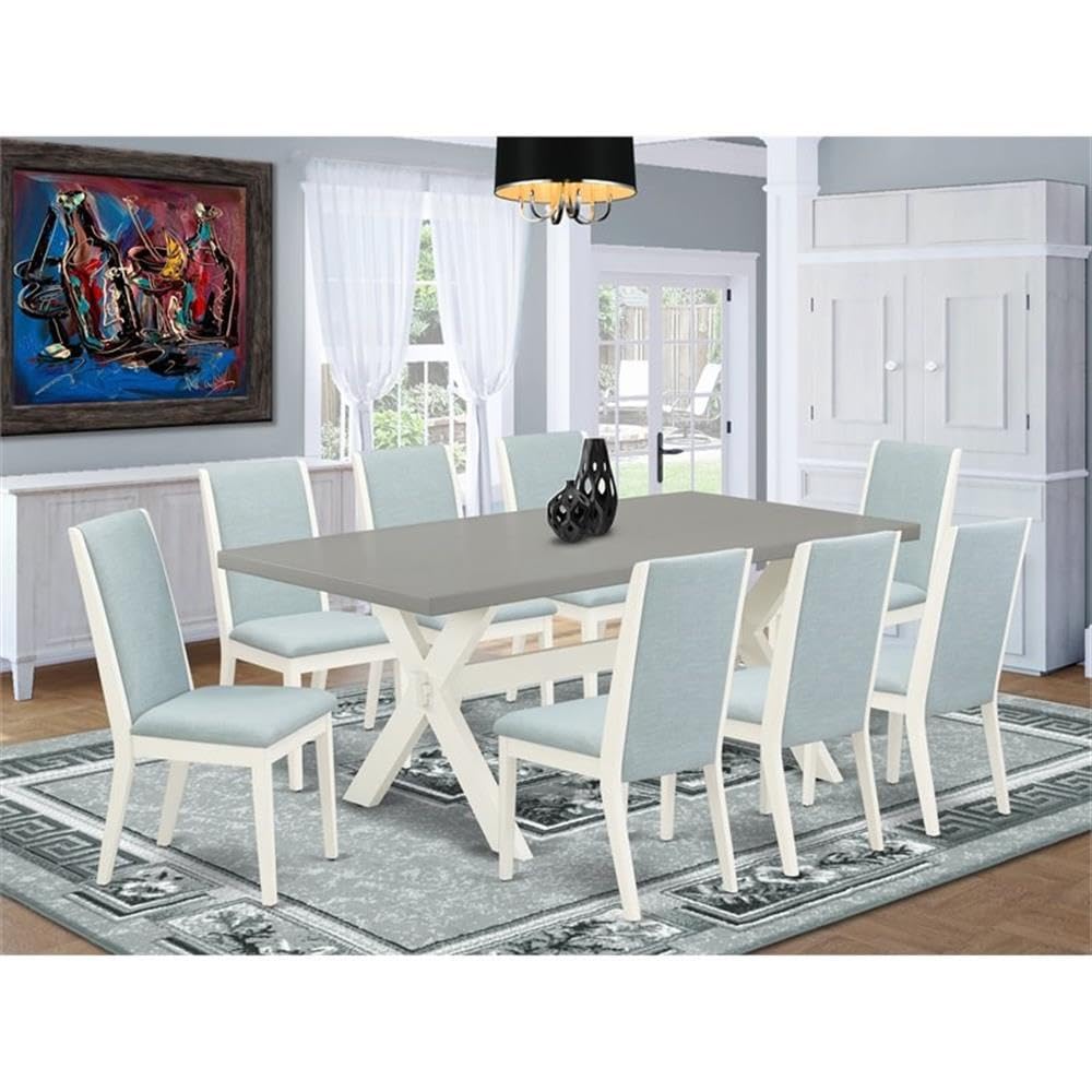 East West Furniture X097La015-9 9 Piece Kitchen Table Set Includes A Rectangle Dining Table With X-Legs And 8 Baby Blue Linen Fabric Parsons Dining Chairs, 40X72 Inch, Multi-Color